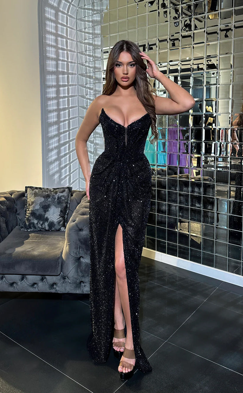 RP685-Eleagnt Black Mermaid Strapless Beads Sequins Sleeveless Floor Length Prom Evening Dresses Formal Party Gowns With Slit