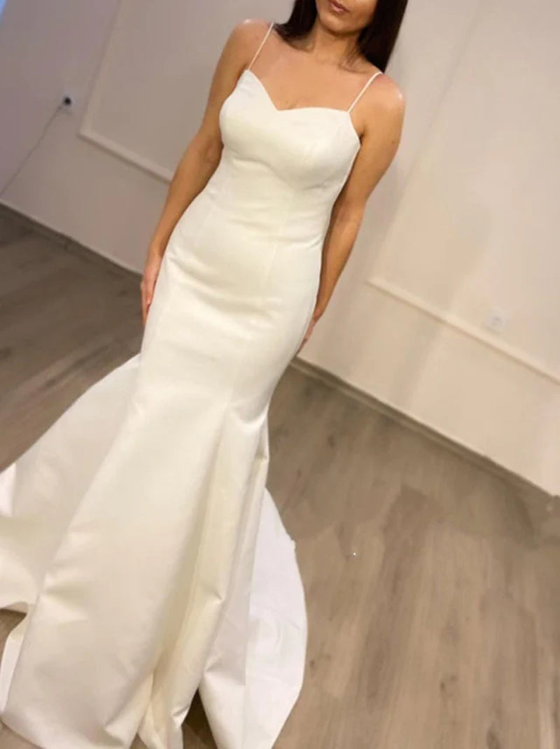 Simple Mermaid Wedding Dresses Spaghetti Pleated Sleeveless Backless Satin Sweep Train Bridal Gowns Custom Made