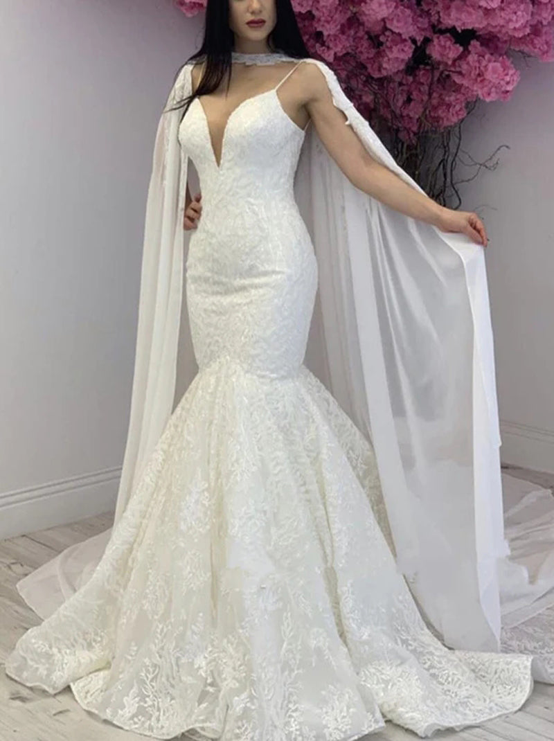 Sexy Mermaid Wedding Dresses Spaghetti Embroidered Sleeveless Sweep Train Organza Bridal Gowns Custom Made