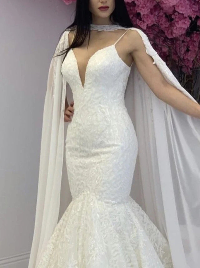 Sexy Mermaid Wedding Dresses Spaghetti Embroidered Sleeveless Sweep Train Organza Bridal Gowns Custom Made