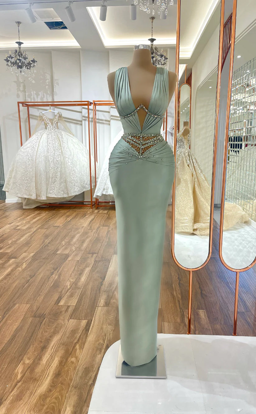 RP681-Eleagnt Mermaid V-Neck Beads Ruched Sleeveless Floor Length Prom Evening Dresses Formal Party Gowns