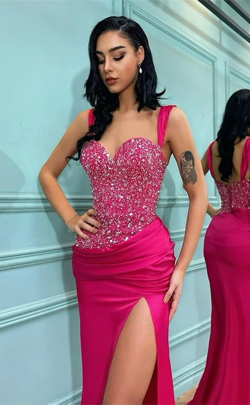 RP703-Charming Mermaid Spaghetti Beads Sequins Sleeveless Long Prom Evening Dresses Formal Party Gowns With Slit