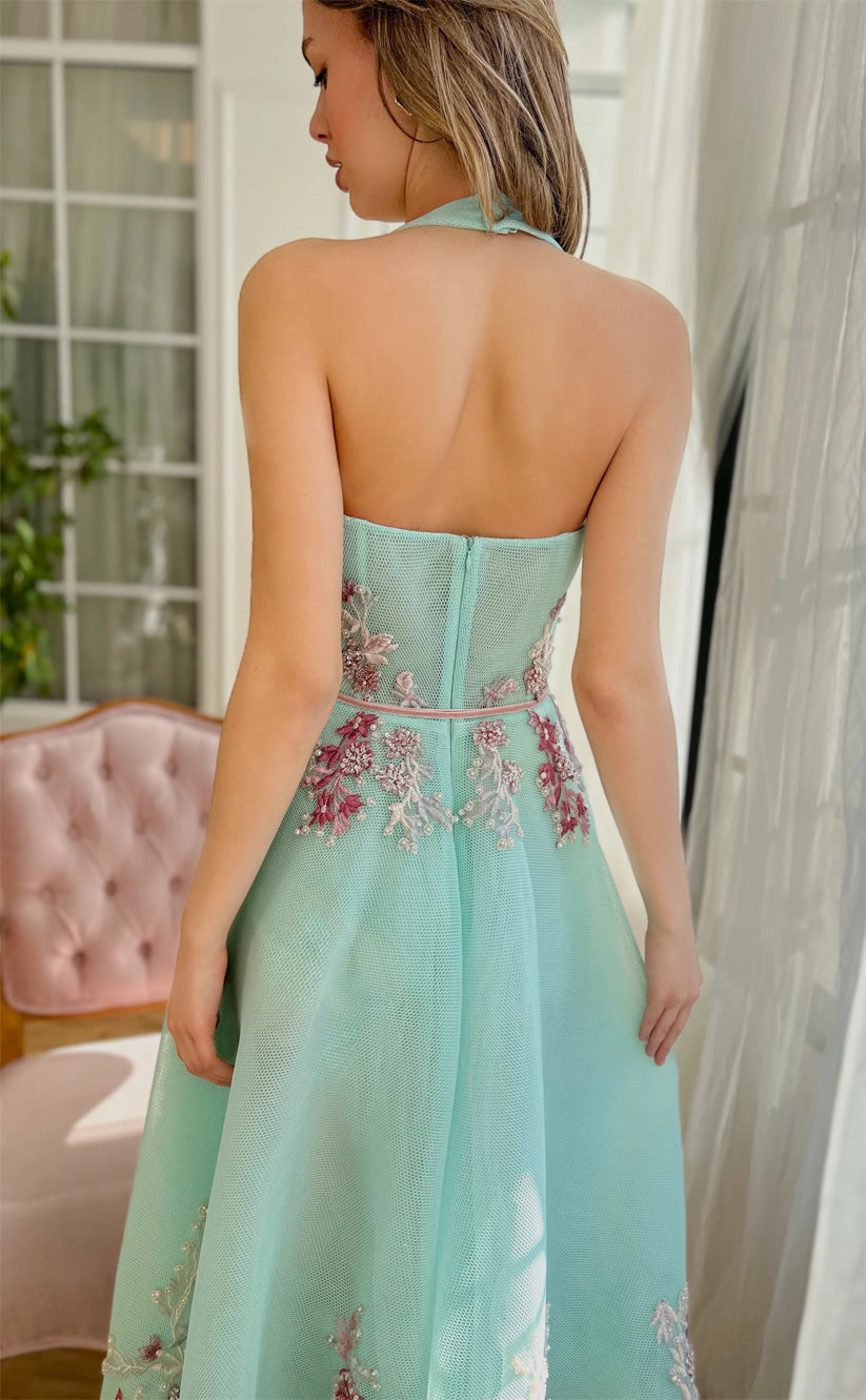 RP159-Mint A-Line Halter Appliqued Tea Length Prom Evening Dresses Formal Party Gowns