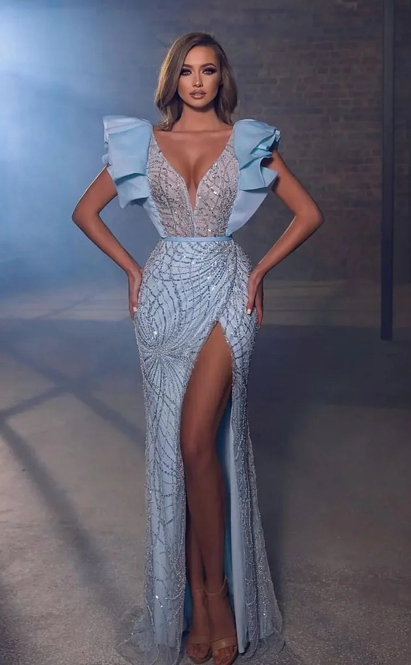 RP698-Gorgeous Sky Blue Mermaid V-Neck Sequins Beads Cap Sleeves Long Prom Evening Dresses Formal Party Gowns With Slit