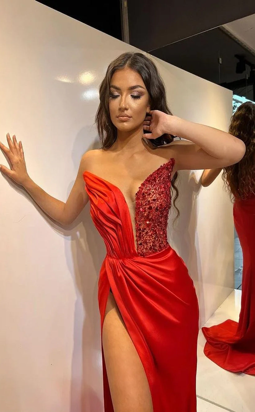RP690-Eleagnt Red Mermaid Sweetheart Beads Sequins Sleeveless Long Prom Evening Dresses Formal Party Gowns With Slit