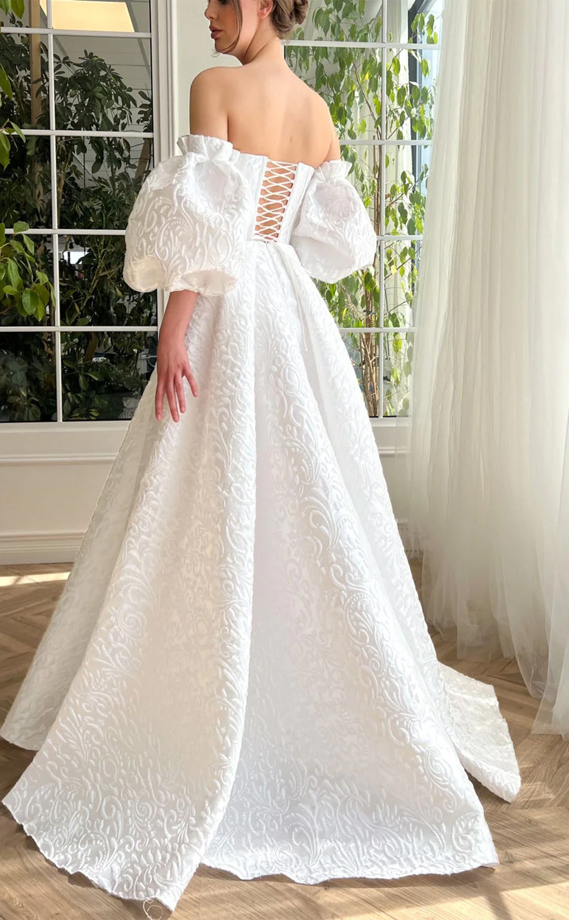 RP164-White A-Line Spaghetti Detachable Short Sleeves Long Prom Evening Dresses Formal Party Gowns With Slit