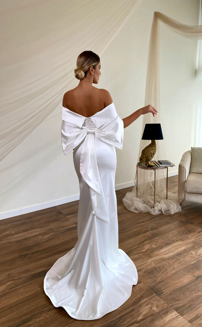 RP1695-Elegant White Mermaid Off-the-Shoulder Bowknot Cap Sleeves Satin Prom Evening Dresses Formal Party Gowns With Train
