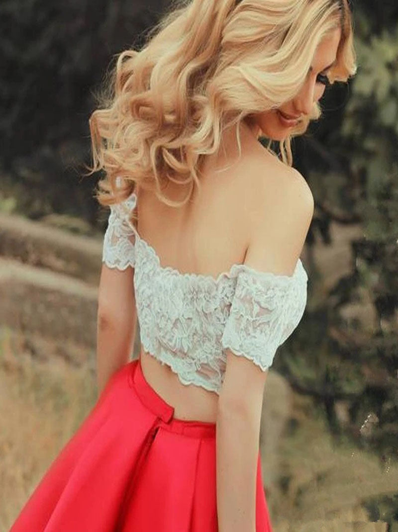 Elegant Two Pieces A-Line Off The Shoulder Appliques Tea Length Lace Satin Homecoming Graduation Dresses Ball Gown Cocktail Dresses