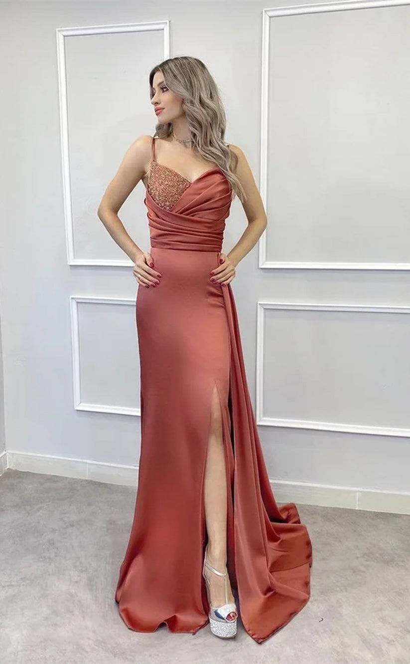 RP727-Gorgeous Mermaid Spaghetti Beads Sequins Sleeveless Long Prom Evening Dresses Formal Party Gowns With Slit