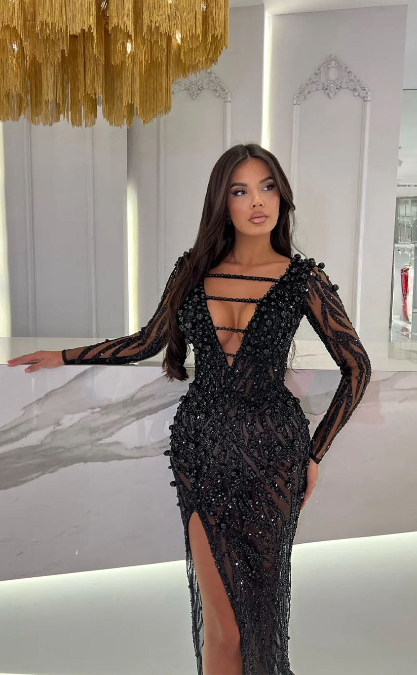 RP1702-Luxurious Mermaid V-Neck Pearls Beads Long Sleeves Prom Evening Dresses Formal Party Gowns With Slit
