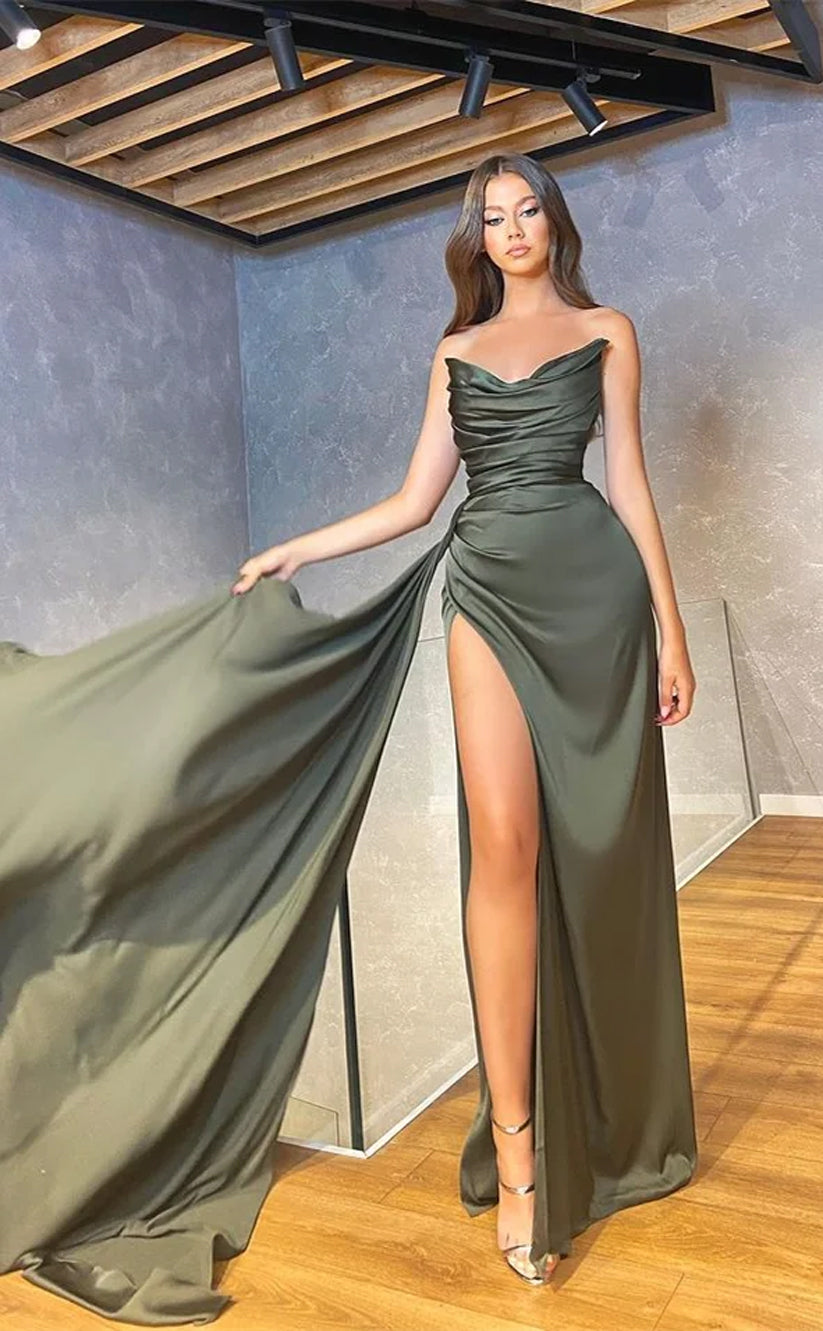 RP730-Simple Purple Mermaid V-Neck Ruched Sleeveless Satin Long Prom Evening Dresses Formal Party Gowns With Slit