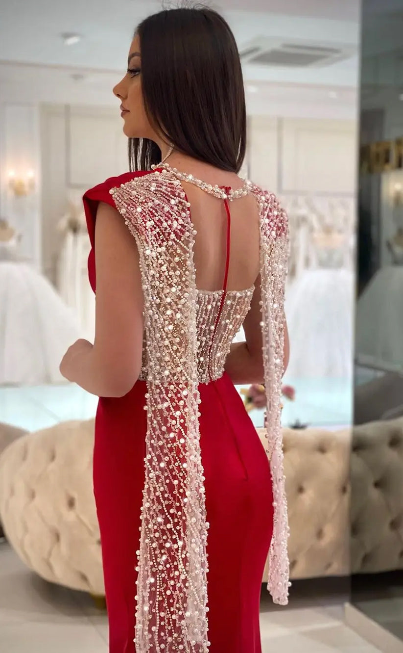 RP731-Elegant Red Mermaid V-Neck Ruched Beads Crystals Cap Sleeves Satin Long Prom Evening Dresses Formal Party Gowns