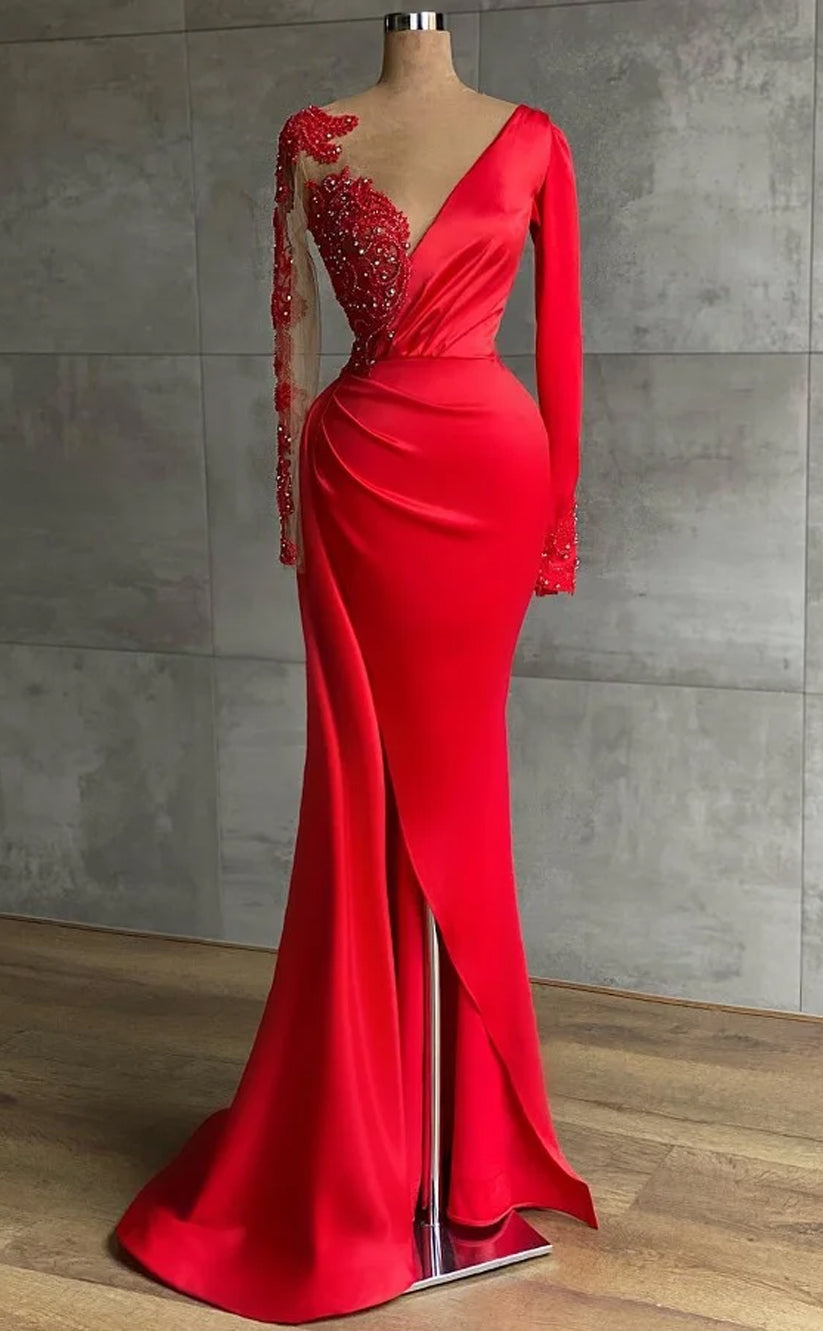 RP748-Elegant Red Mermaid V-Neck Beads Appliqued Long Sleeve Long Prom Evening Dresses Formal Party Gowns With Slit