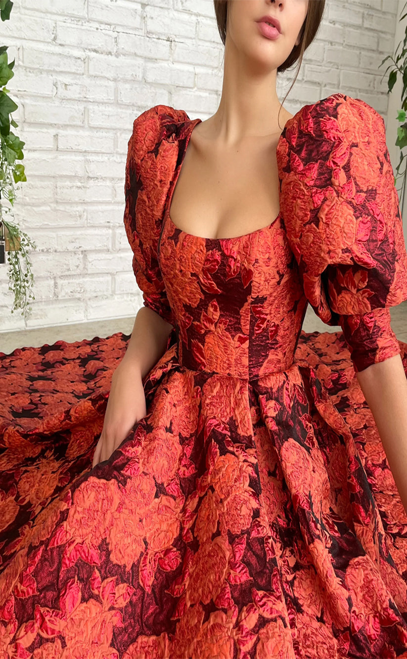 RP174-A-Line Strapless Puffy Sleeves Pleated Long Prom Evening Dresses Formal Party Gowns With Slit