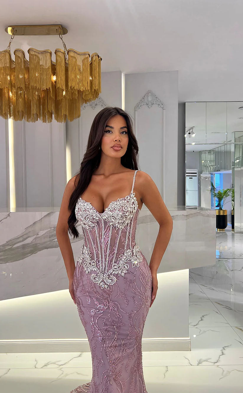 RP1734-Fashionable Mermaid Spaghetti Crystals Sequins Sleeveless Tulle Prom Evening Dresses Formal Party Gowns With Train