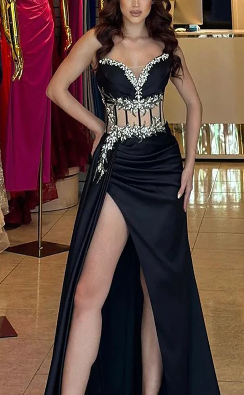 RP770-Black Mermaid Sweetheart Ruched Crystals Sleeveless Long Prom Evening Dresses Formal Party Gowns With Slit