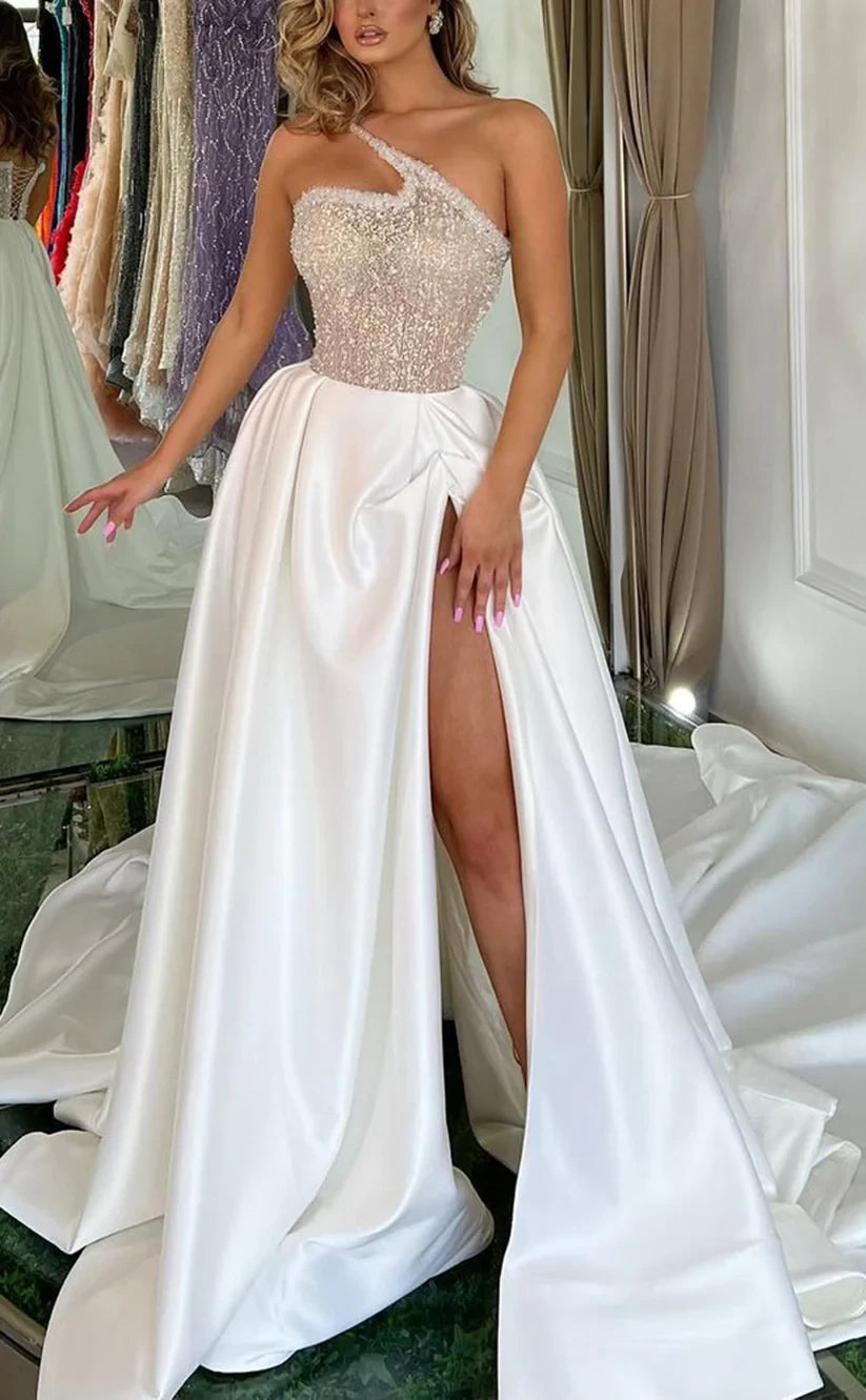 RP774-Gorgeous White A-Line Strapless Ruched Beads Sleeveless Long Prom Evening Dresses Formal Party Gowns With Slit