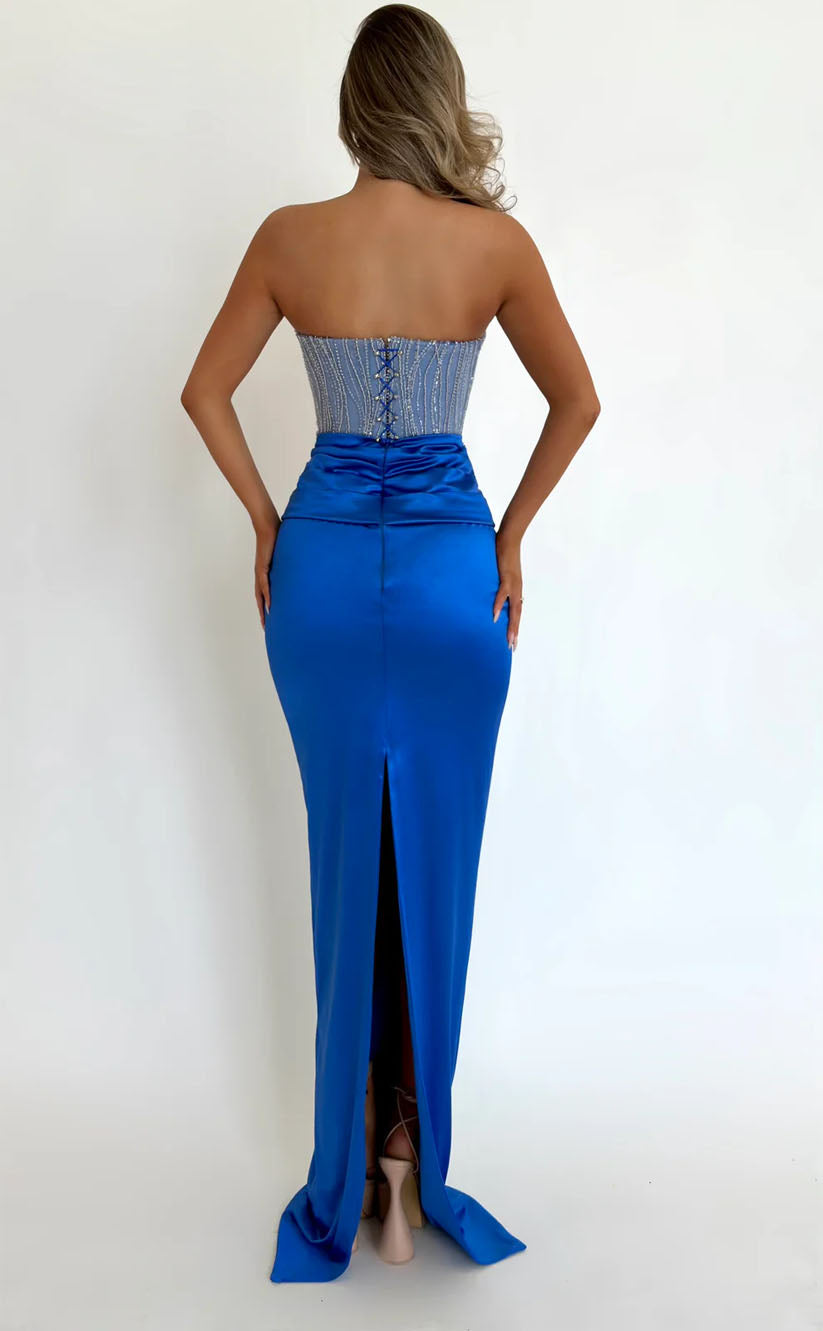 RP1707-New Royal Blue Mermaid V-Neck Beads Sleeveless Satin Floor Length Prom Evening Dresses Formal Party Gowns