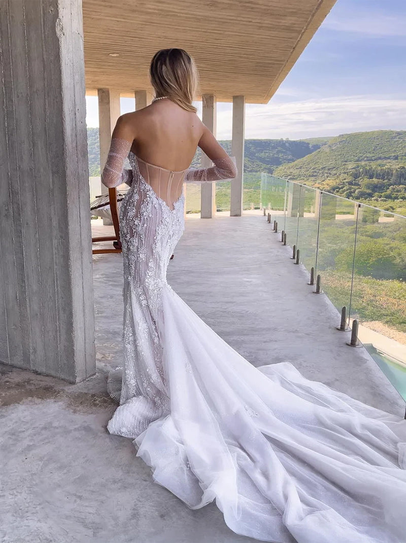 Luxurious & Elegant Mermaid Wedding Dresses Sweetheart Appliqued Beads Tulle Sweep Train Bridal Gowns With Detachable Long Sleeves