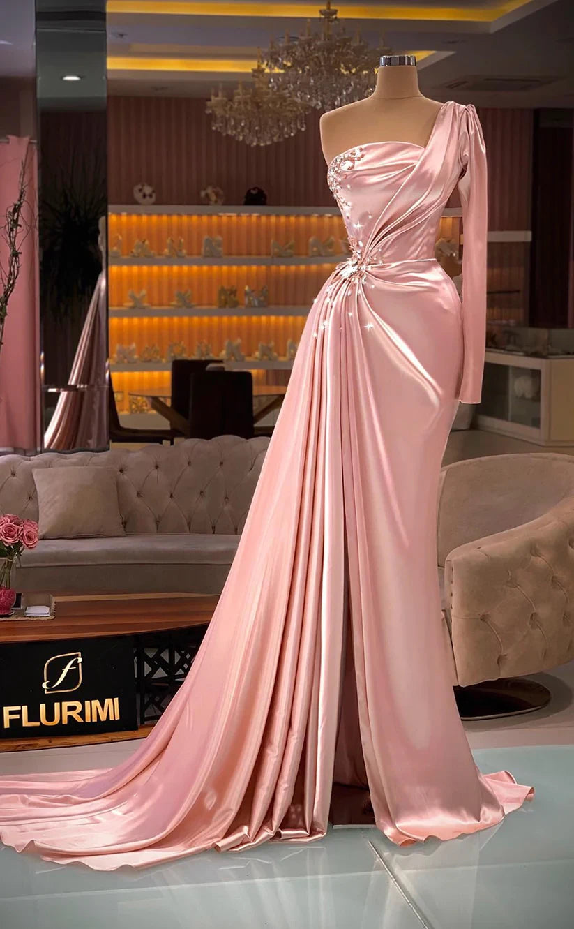 RP392-Gorgeous Pink Mermaid One Shoulder Ruched Beaded Long Sleeves Satin Prom Evening Dresses Formal Party Gowns With Slit
