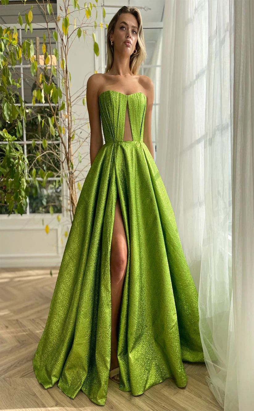 RP172-Green A-Line Strapless Short Sleeves Long Prom Evening Dresses Formal Party Gowns With Slit