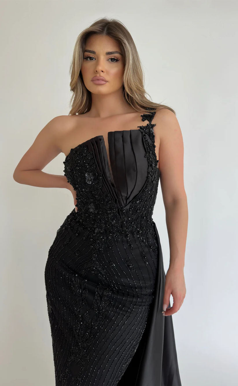 RP1711-Sparkling Black Mermaid One Shoulder Beads Appliqued Sleeveless Satin Prom Evening Dresses Formal Party Gowns With Train