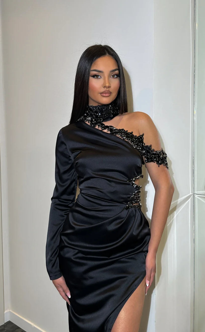 RP1723-Elegant Black Mermaid High Neck Beads Long Sleeve Satin Prom Evening Dresses Formal Party Gowns With Slit