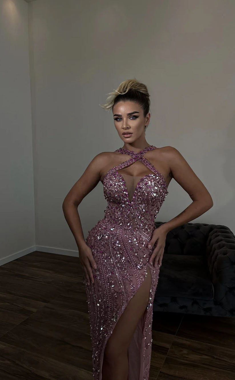 RP1720-Sparkling Fuchsia Mermaid Halter Beads Crystals Sleeveless Floor Length Prom Evening Dresses Formal Party Gowns With Slit