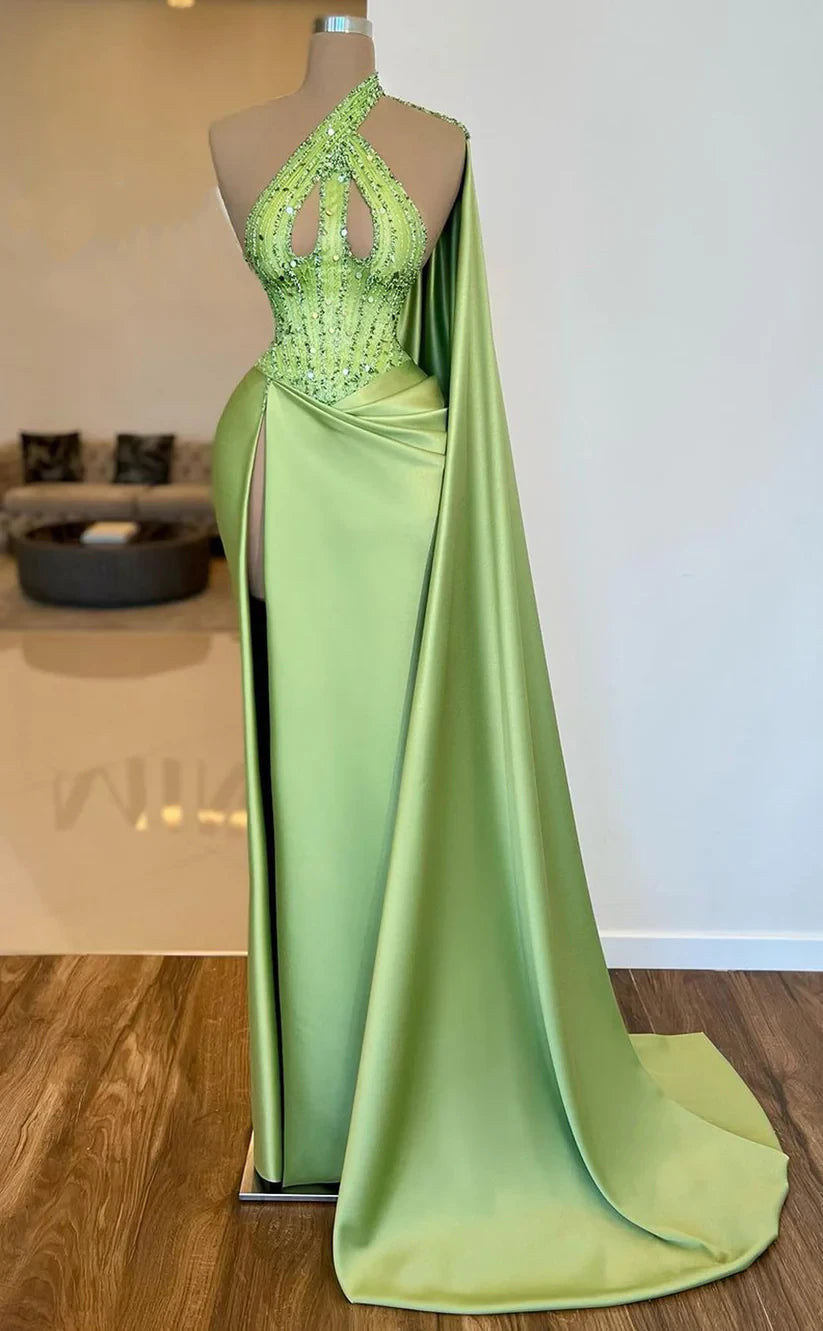 RP811-New Arrivals Mermaid Green Halter Ruched Beads Sequins Long Prom Evening Dresses Formal Party Gowns