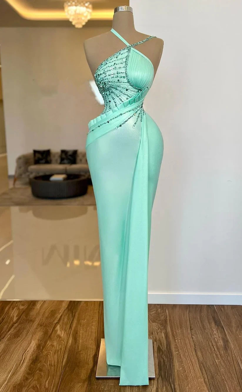 RP810-New Arrivals Mermaid Mint Halter Ruched Beads Sequins Long Prom Evening Dresses Formal Party Gowns