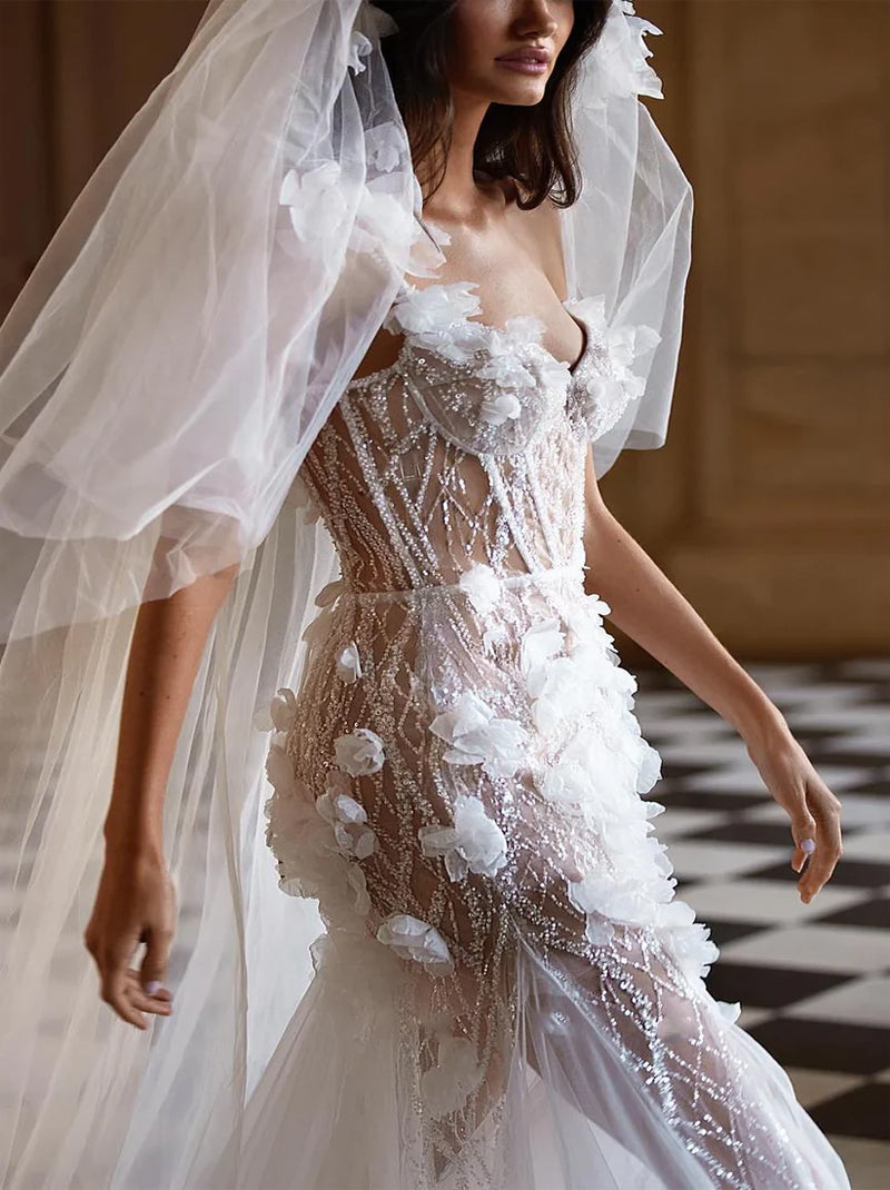 Elegant & Gorgeous Mermaid Wedding Dresses Spaghetti Appliqued Beads Tulle Bridal Gowns Custom With Sweep Train
