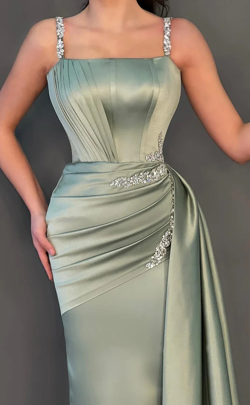 RP1758-Fashionable mint Mermaid Spaghetti Crystals Sleeveless Satin Prom Evening Dresses Formal Party Gowns With Train