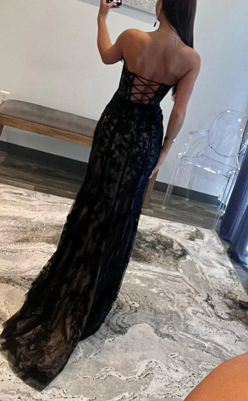 RP1763-Elegant Black Mermaid Sweetheart Appliqued Sleeveless Lace Prom Evening Dresses Formal Party Gowns With Slit