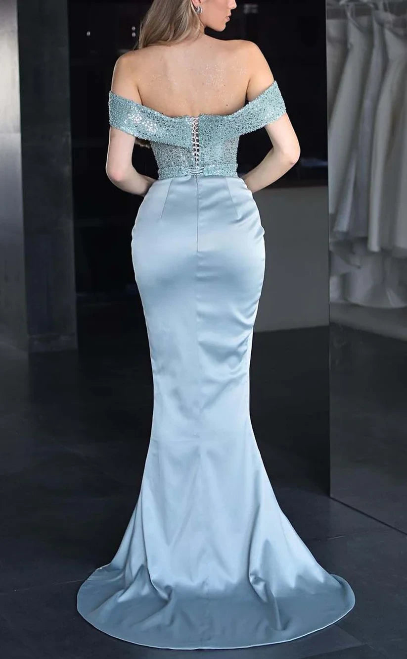 RP800-New Sky Blue Mermaid Off-the-Shoulder Sequins Cap Sleeves Long Prom Evening Dresses Formal Party Gowns With Slit