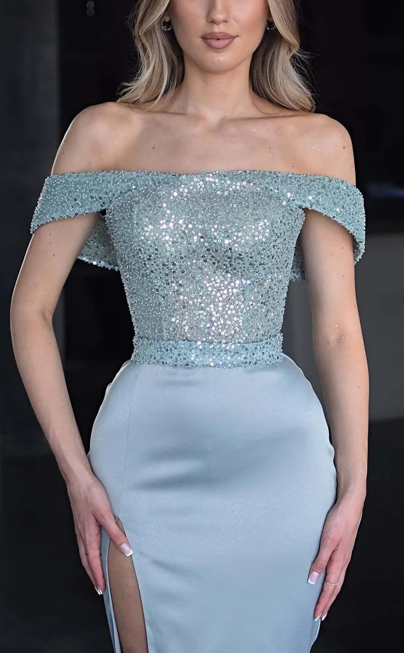 RP800-New Sky Blue Mermaid Off-the-Shoulder Sequins Cap Sleeves Long Prom Evening Dresses Formal Party Gowns With Slit