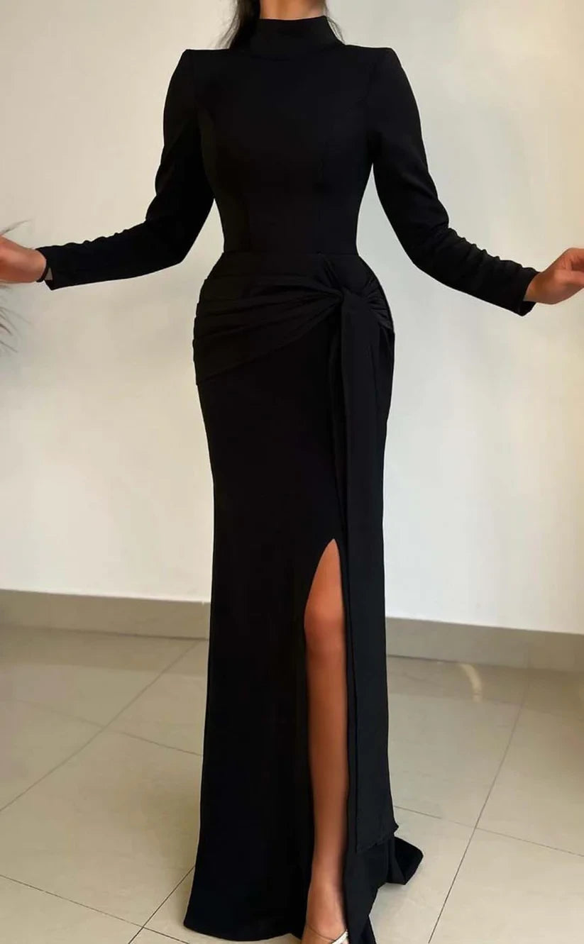 RP794-Elegant Black Mermaid High Neck Long Sleeves Long Satin Prom Dresses Fashion Evening Party Gowns With Slit