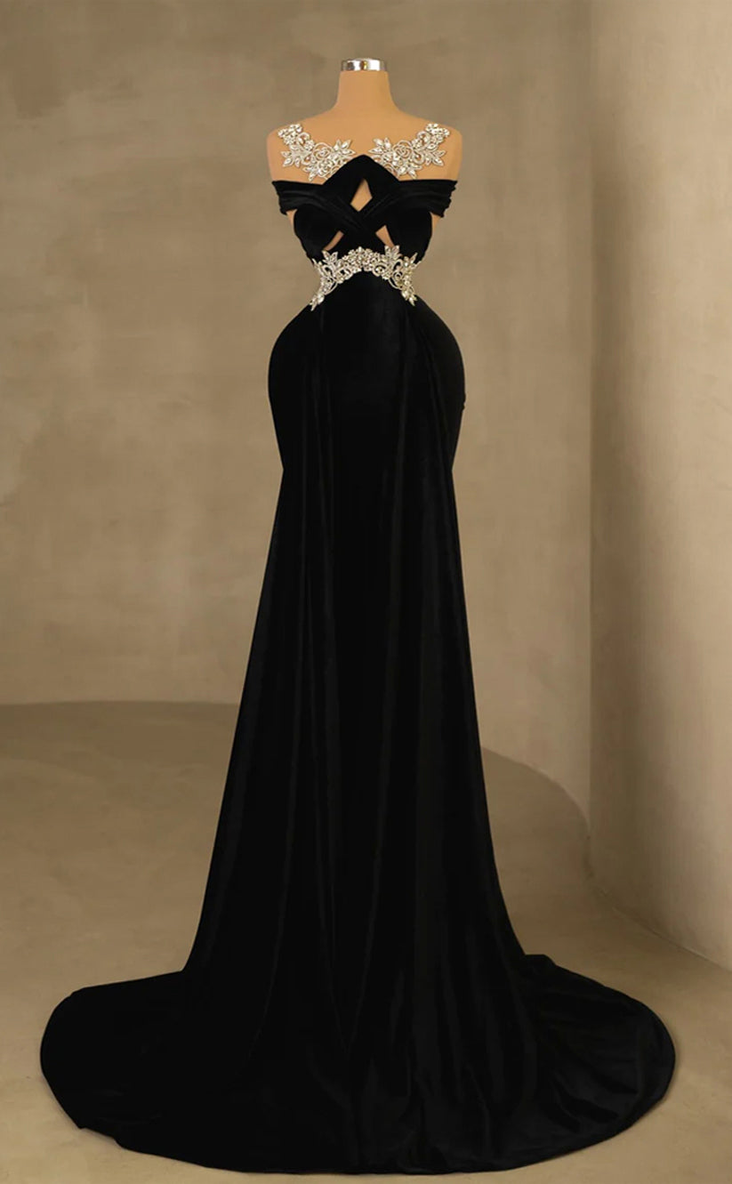RP214-Black Sheath/Column Scoop Beads Appliqued Long Prom Evening Dresses Formal Party Gowns