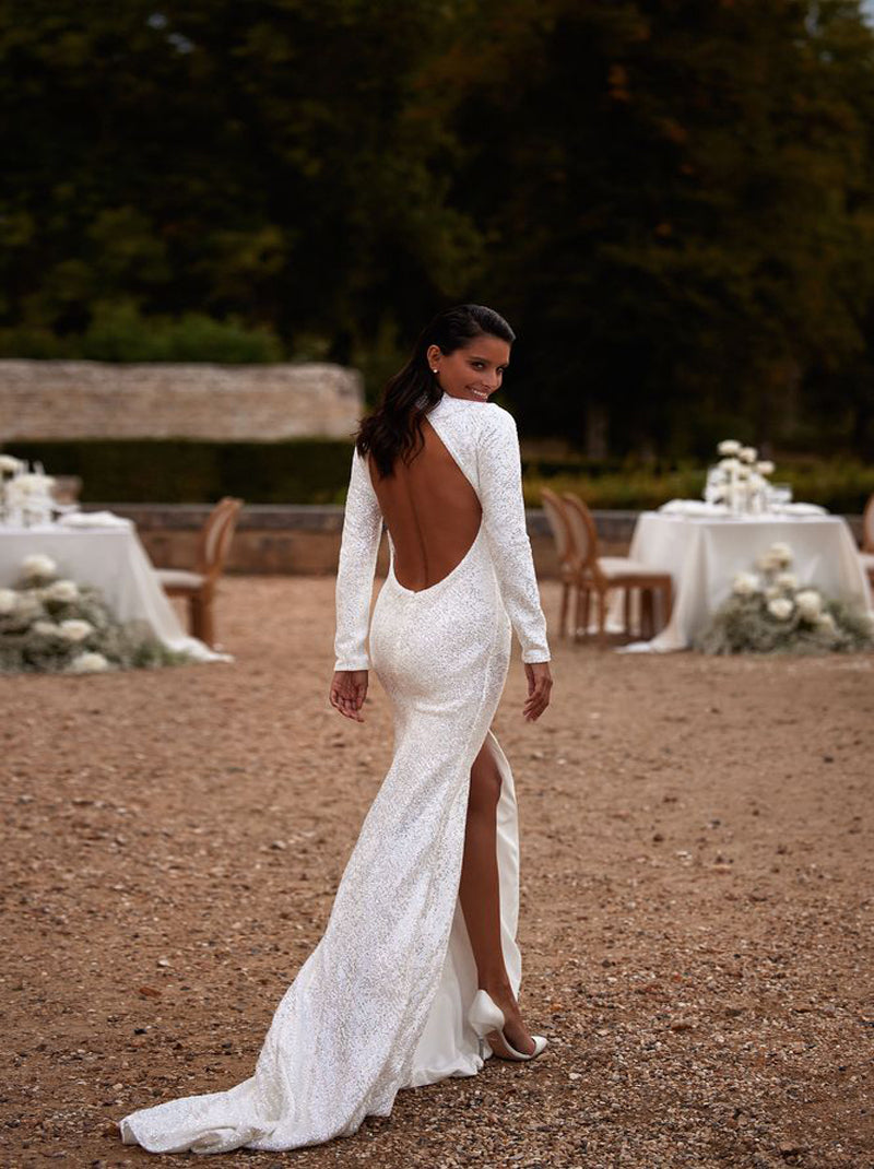 Sparkling Mermaid Wedding Dresses High Collar Long Sleeves Beads Sequins Satin Sweep Train Bridal Gowns Custom Made With Slit