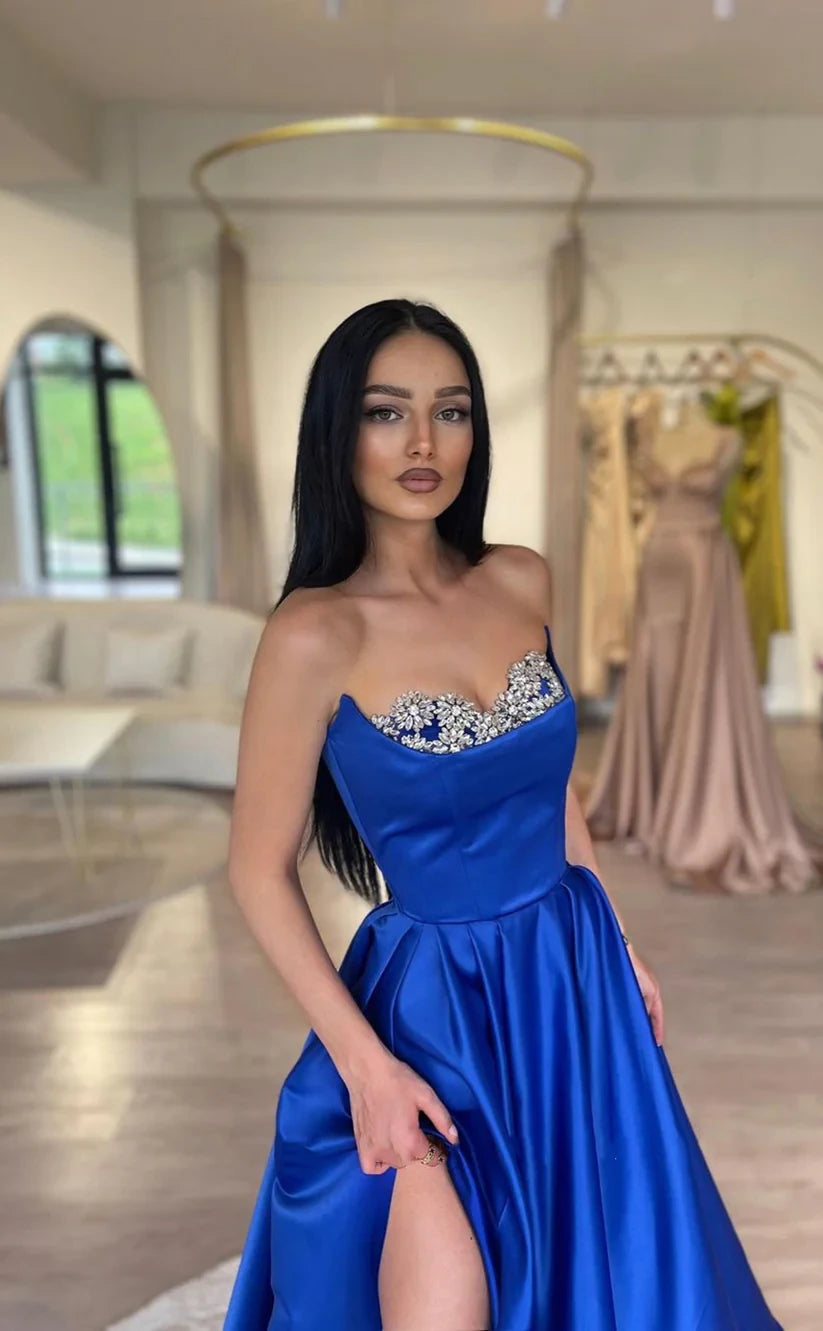 RP1781-Elegant Royal Blue A-Line Sweetheart Crystals Ruched Sleeveless Satin Prom Evening Dresses Formal Party Gowns With Slit