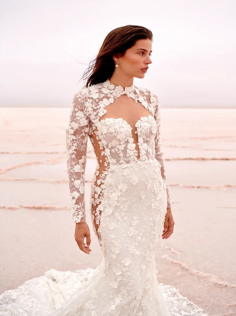 Elegant & Gorgeous Mermaid Wedding Dresses Sweetheart Appliqued Illusion Long Sleeves Sweep Train Tulle Bridal Gowns Custom