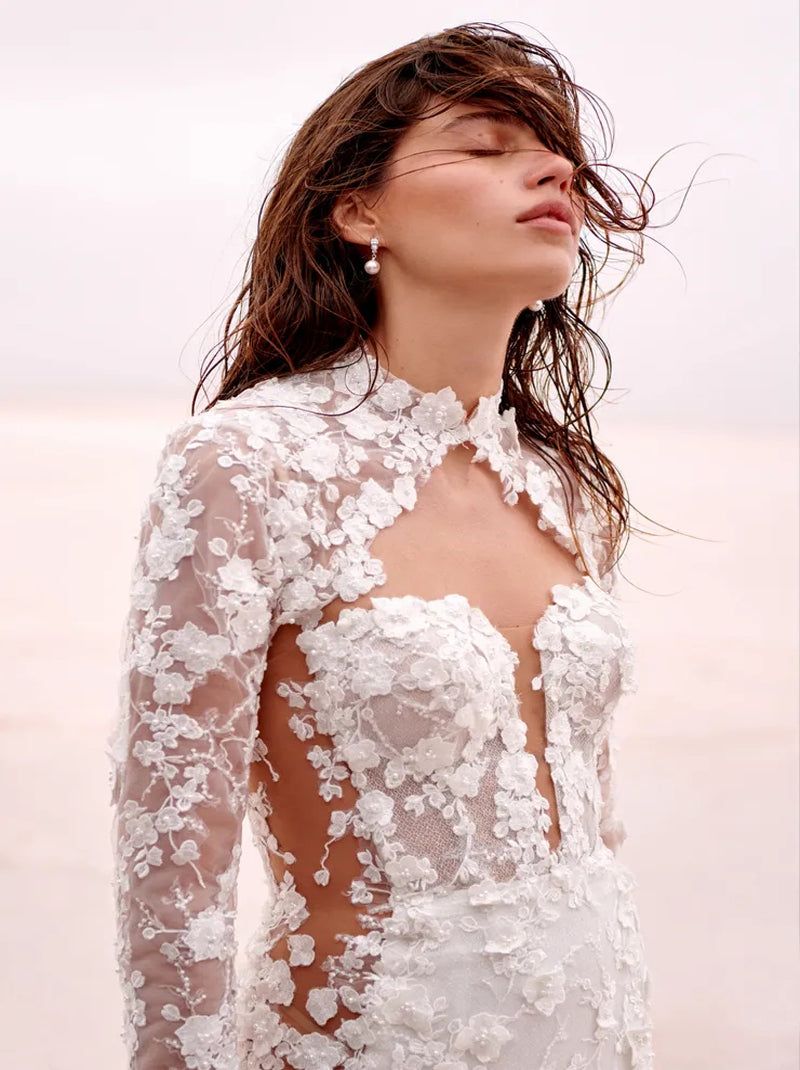 Elegant & Gorgeous Mermaid Wedding Dresses Sweetheart Appliqued Illusion Long Sleeves Sweep Train Tulle Bridal Gowns Custom
