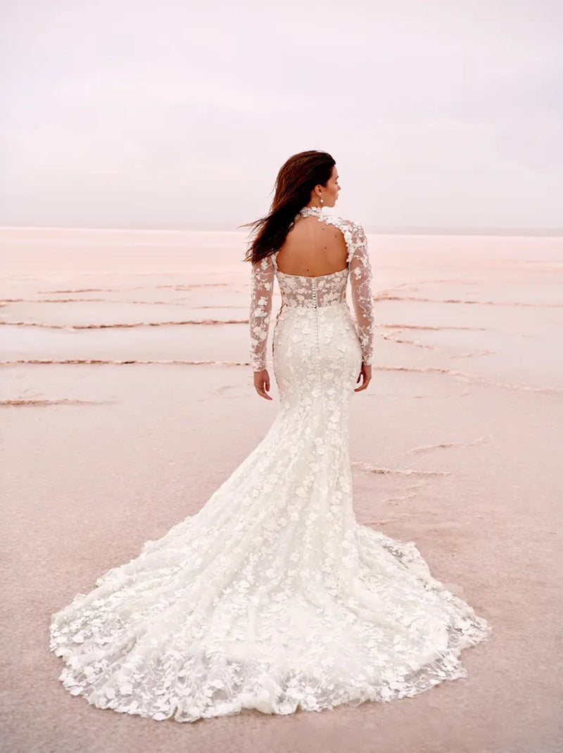 Elegant & Gorgeous Mermaid Wedding Dresses Sweetheart Appliqued Illusion Long Sleeves Sweep Train Tulle Bridal Gowns Custom