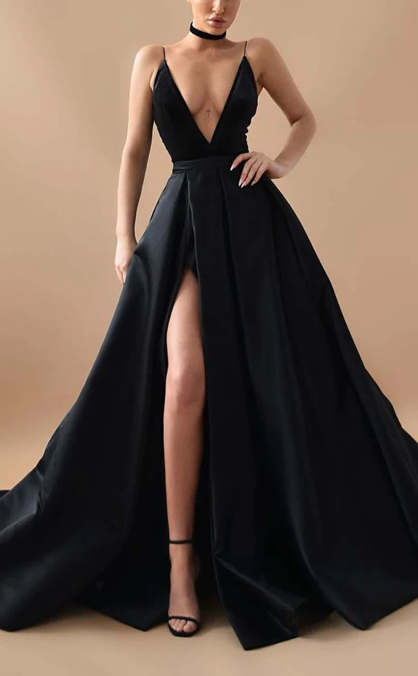RP821-New Arrivals A-Line Black Spaghetti Long Prom Evening Dresses Formal Party Gowns With Slit