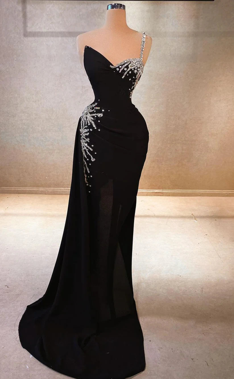 RP1773-Charming Black Mermaid One Shoulder Beaded Appliqued Sleeveless Chiffon Prom Evening Dresses Formal Party Gowns With Train