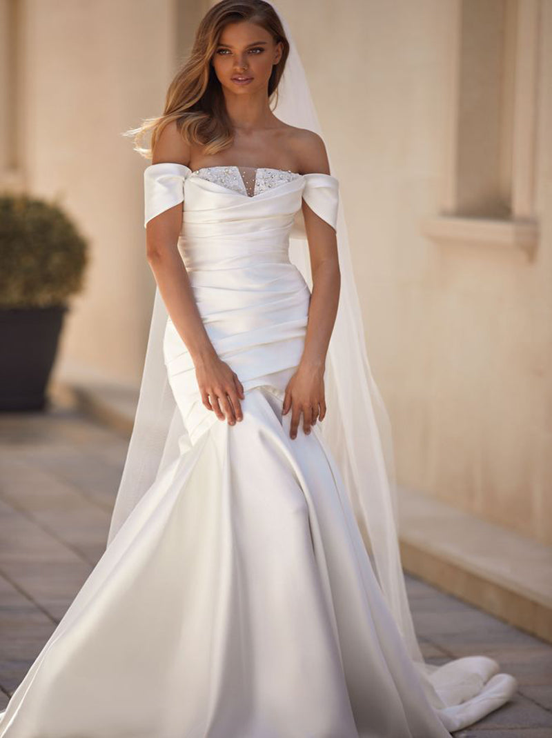 Simple Mermaid Wedding Dresses Sweetheart Pleated Beads Cap Sleeves Satin Bridal Gowns Custom Made With Sweep Train