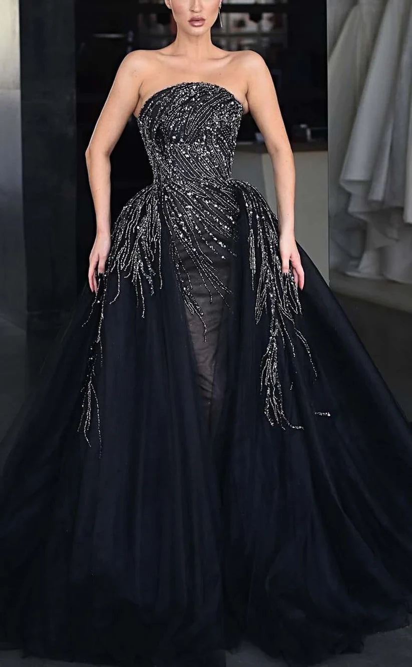 RP830-New Arrivals A-Line Black Strapless Beads Crystals Long Prom Evening Dresses Formal Party Gowns With Train