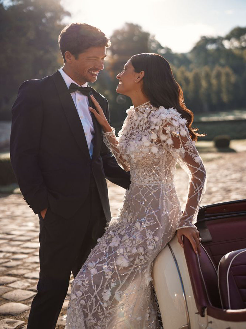 Romantic Mermaid Wedding Dresses High Collar Sequins Appliqued Long Sleeves Tulle Bridal Gowns Custom Made