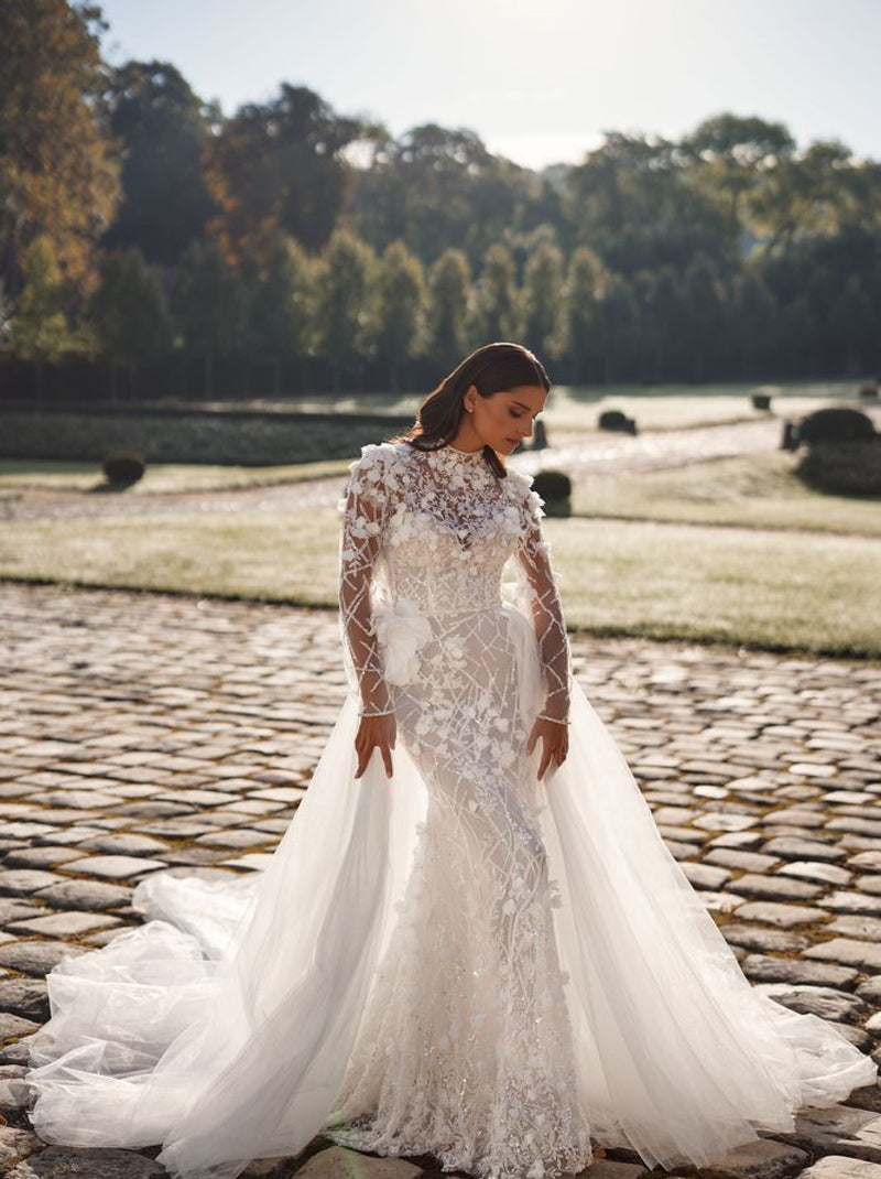 Romantic Mermaid Wedding Dresses High Collar Sequins Appliqued Long Sleeves Tulle Bridal Gowns Custom Made