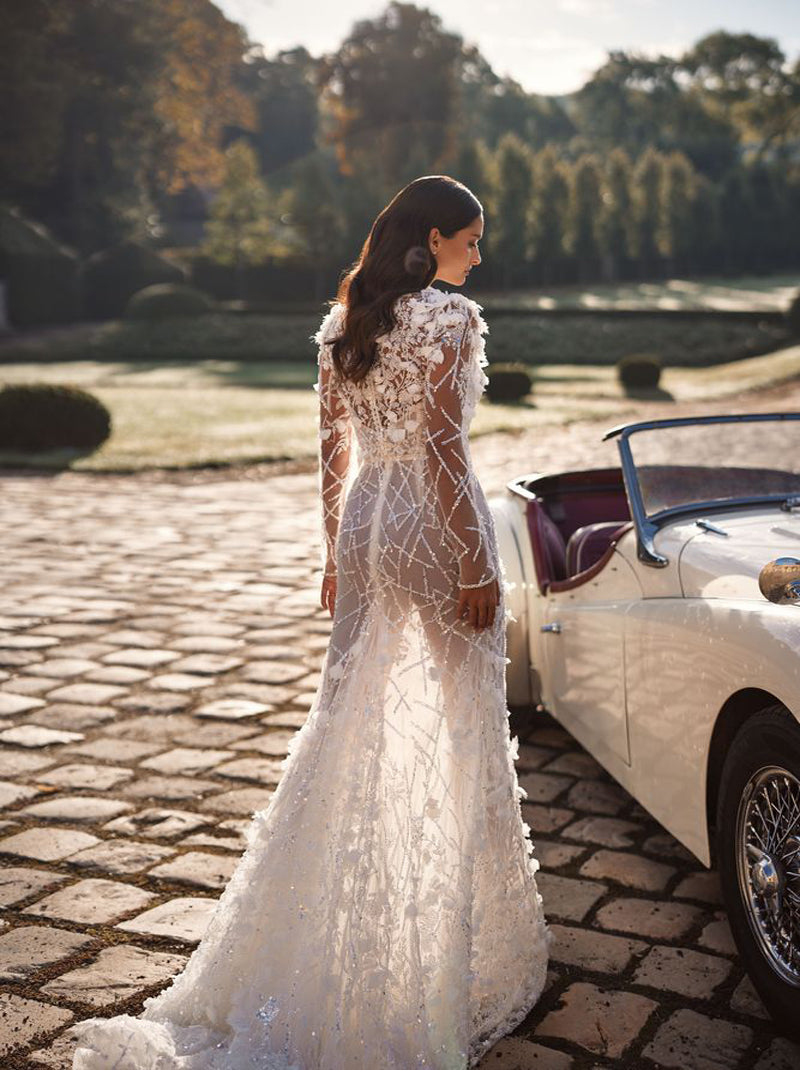 Romantic Mermaid Wedding Dresses High Collar Sequins Appliqued Long Sleeves Tulle Bridal Gowns Custom Made