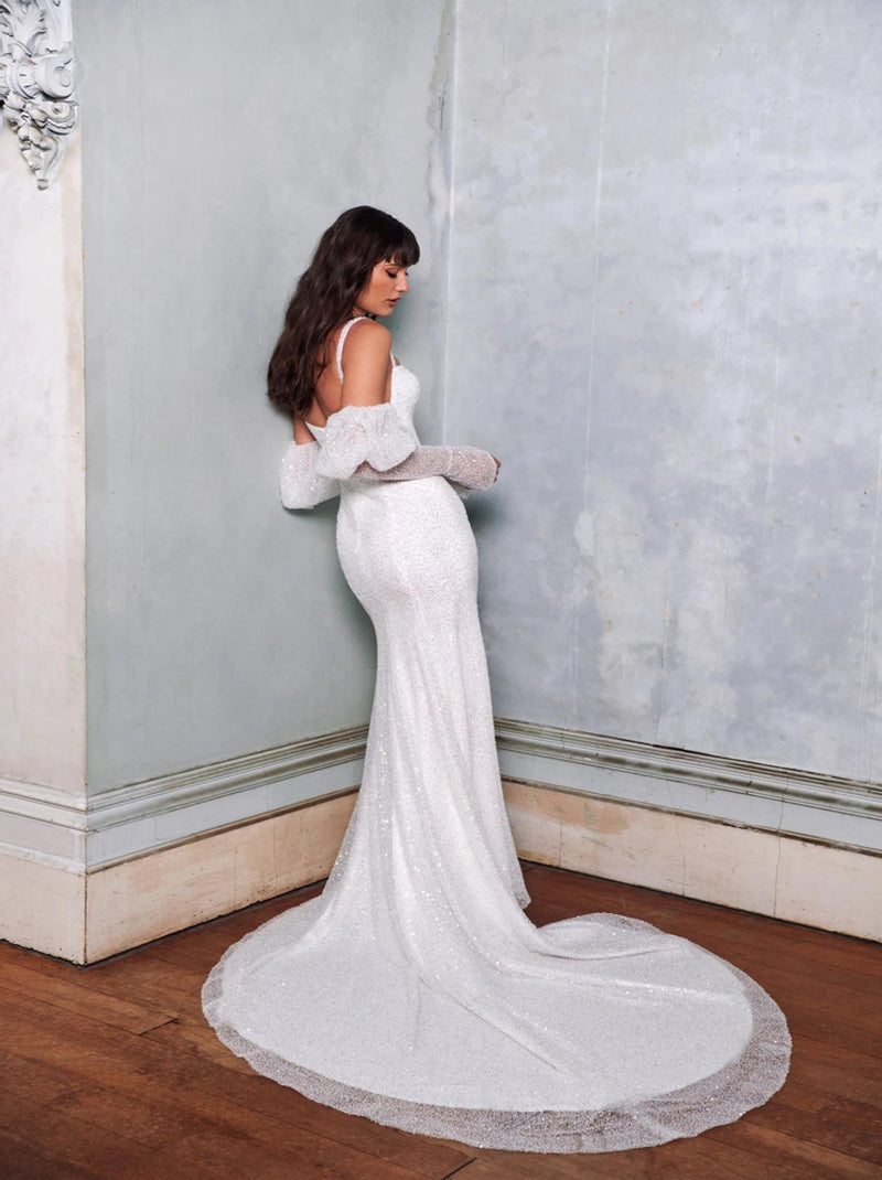 Sparkling Mermaid Wedding Dresses Spaghetti Sequins Tulle Sweep Train Bridal Gowns With Detachable Long Sleeves